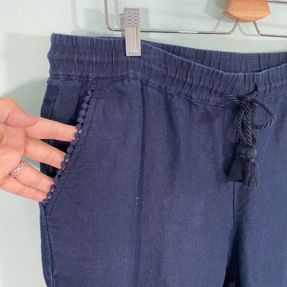Talbots Women's Navy Eyelet Trim Linen Pull On Pants Size 14 - Picture 6 of 8